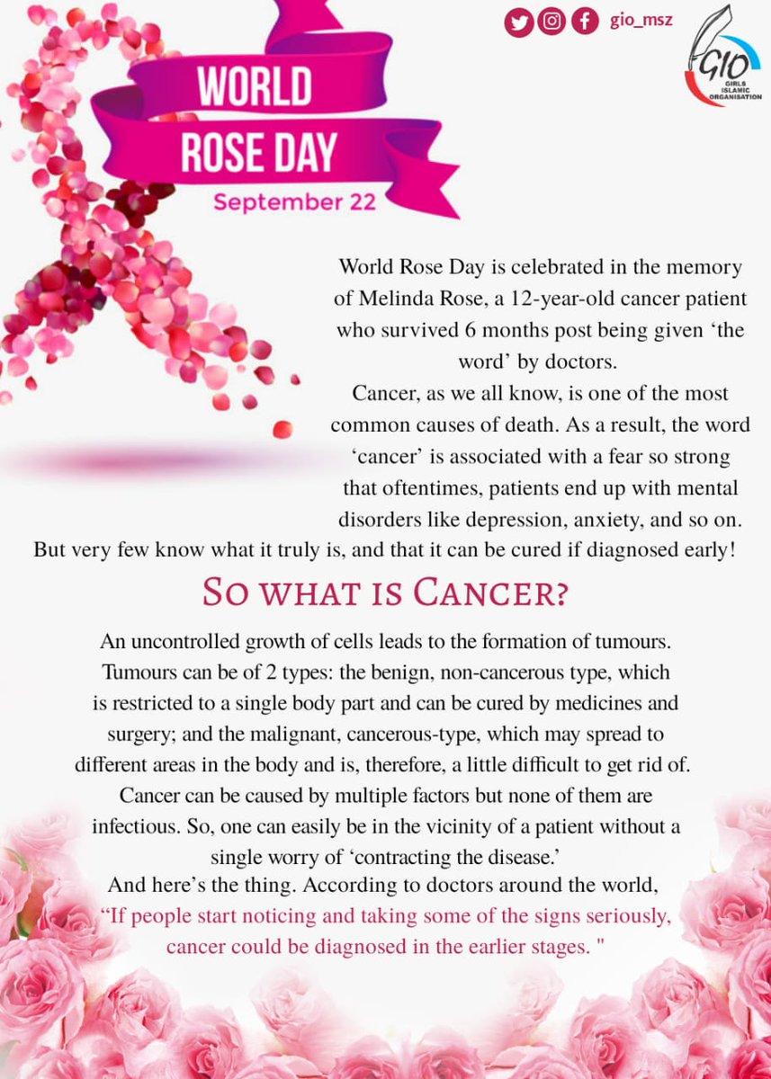 Giomsz1's tweet photo. Mental disorders are at a peak which is why it is very crucial to spread awareness about this disease and advise caution to our near and dear ones. Though sometimes fatal, every cancer patient needn’t live the rest of their life in sadness and fear.
#worldroseday #whatiscancer https://t.co/SGoHnX6AVJ