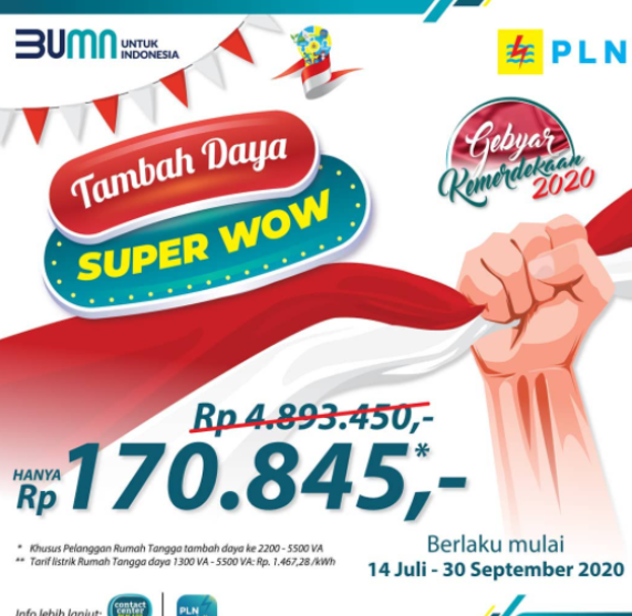 plnkopo's tweet photo. Hi Electrizen,
Promo Gebyar Kemerdekaan 2020 "Tambah Daya SUPER WOW" hanya Rp 170.845,-.
Yuk langsung Hub CC PLN 123  melalui ponsel (kode area+123), TLP 123, email pln123@pln.co.id, FB PLN 123, IG @pln123_official, web: https://t.co/2GRdnVVIEv, PLN MOBILE &amp; PLN terdekat. https://t.co/s0ELaWOvCL