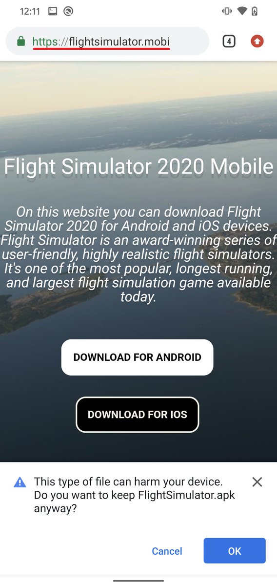 ESET Research on X: Fake Flight Simulator app #ESETresearch identified a  malicious app impersonating the popular Microsoft Flight Simulator 2020,  distributed via # and hosted on a domain mimicking the game's name.