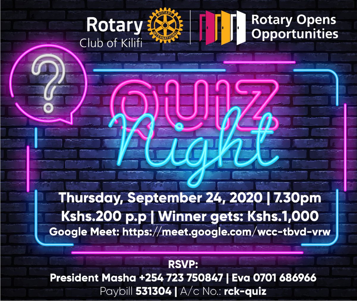 Rotary Club of Kilifi (@kilifirotary) on Twitter photo Its back, bigger, and more fun. RC Kilifi is inviting you all for yet another quiz night this Thursday 7.30pm - 8.30pm.
<a href="/d9212_/">Rotary District 9212</a> @rotaryinternational <a href="/Rotaract_D9212/">Rotaract District 9212</a> Its back, bigger, and more fun. RC Kilifi is inviting you all for yet another quiz night this Thursday 7.30pm - 8.30pm.
<a href="/d9212_/">Rotary District 9212</a> @rotaryinternational <a href="/Rotaract_D9212/">Rotaract District 9212</a>