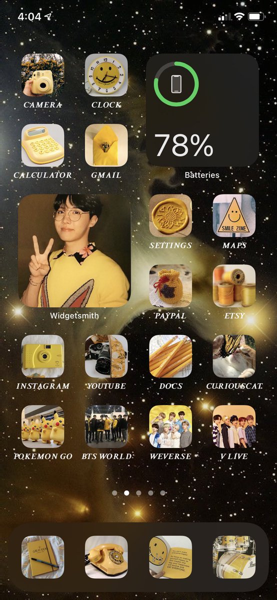 my yellow bangtan themed home screens and what I used for it(gonna be a long thread plz be patient with me)