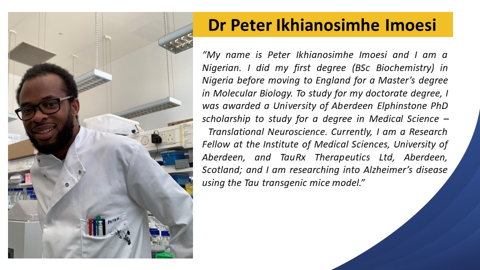 Dr Peter Imoesi, is a brilliant researcher on Alzheimer´s disease and a great public speaker. Peter has been very active throughout this pandemic - check some of his contributions here drimoesi.com
@aberdeenuni_smd @aberdeenuni @DrPI_Imoesi #NPAW2020 #LovePostdocs