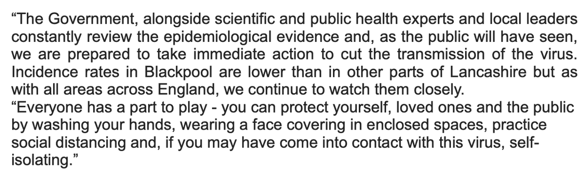 I asked govt to explain why Blackpool had been omitted from the rules and got a 251-word response but no real answer. I asked exactly what data they used, for what timeframe, and whether there was any consideration of wider picture in the region. Most of reply below: