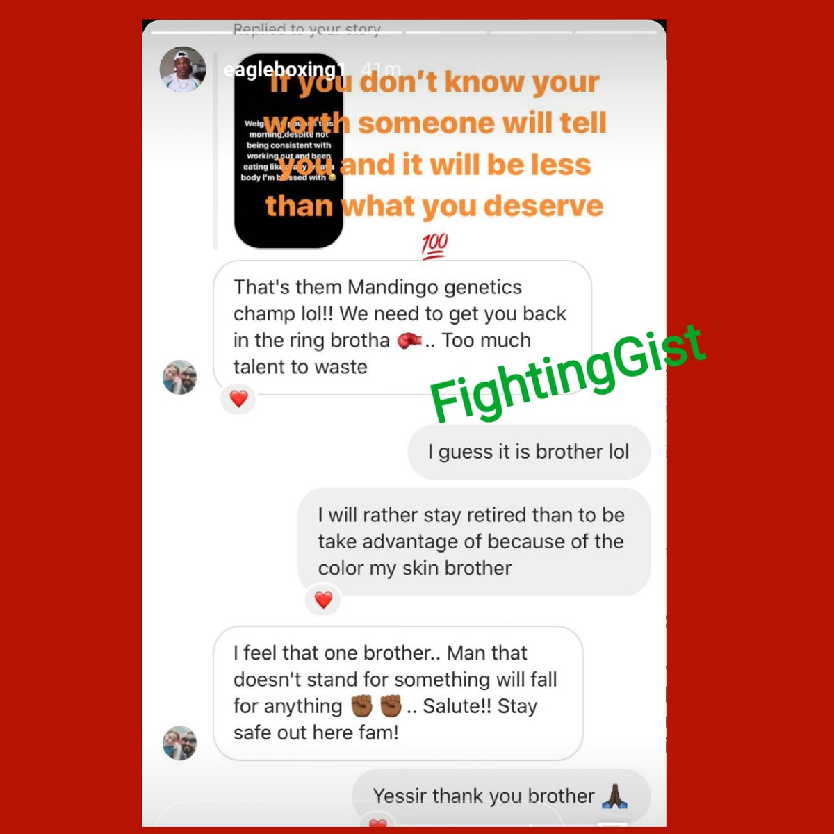 Oluwafemi Oyeleye Chat with a fan.
Oyeleye insisting of not going back to boxing again,But preferred to remain retired

#boxing #boxingnews #NIGERIABOXING #FlykiteBoxing #salehgloves #9ja #9jaboxing #Nigerians #AfricaBoxing #worldboxing #boxingnews #PrayForKiddwaya #worldboxing
