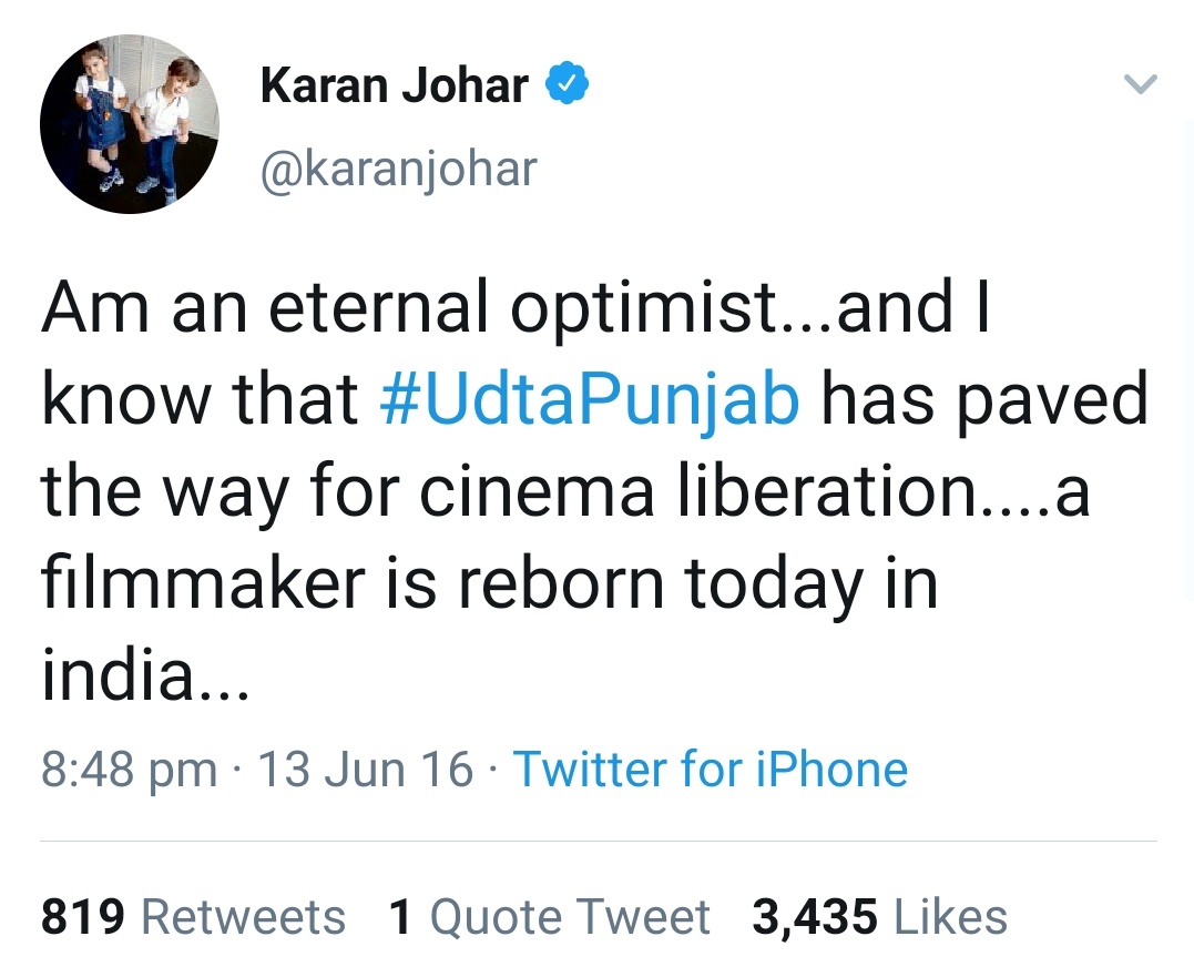 This thread is about the selective intellectual outburst of Bollywood.1.  @karanjohar - KJo's optimism saw cinema being liberated with Udta Punjab.Maybe asking  #MaalHaiKya is another liberation of cinema for him.But he is silent this time.