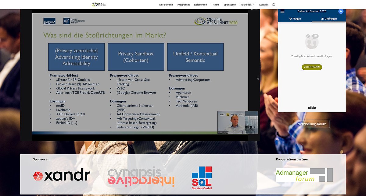 BVDW's tweet photo. A. Viereck @uim beim #oas20 über Lösungen & Herausforderungen der #advertisingidentity
➡️Europäische/globale Privacy-Gesetzgebungen - u.a. #gdpr #eprivacy #privacyshield
➡️Closed Shops/Gatekeeper - u.a. #PrivacySandbox, Cookie-Blocking
➡️Readiness der Branche
#onlineadsummit https://t.co/uEyWUarC3e