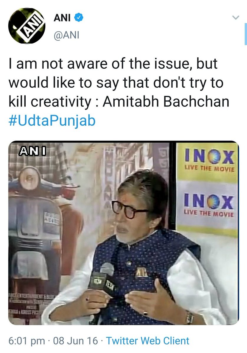 3.  @SrBachchan Ji- As a 'Mahanayak' of the century it's his profound duty to protect the creativity of the film industry.People may get ki lled but creativity shouldn't be. That's why Udta Punjab was an issue worth commenting on. SSR's death? Who? #MaalHaiKya