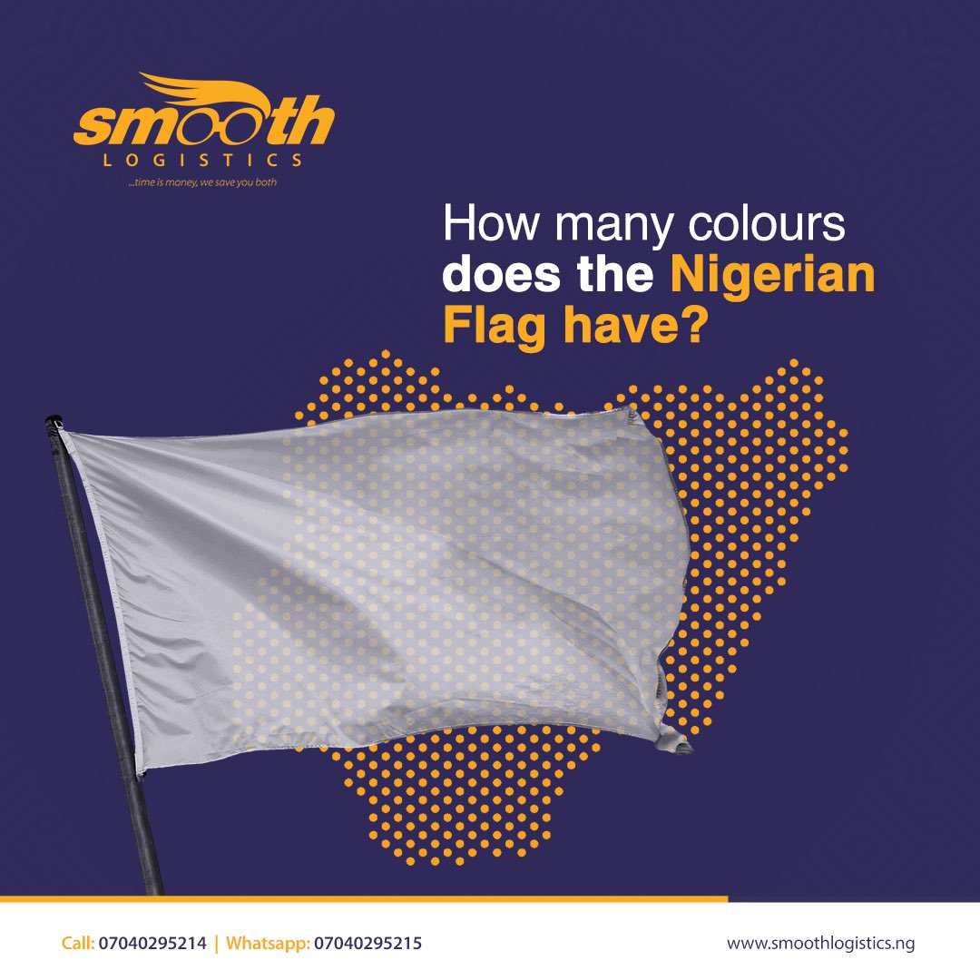 SmoothLogistics's tweet photo. How many colours does the Nigerian Flag have?

Let us know in the comment section.

#TuesdayTrivia #TuesdayTrivia #SmoothLogistics https://t.co/4xmF4YaNfZ