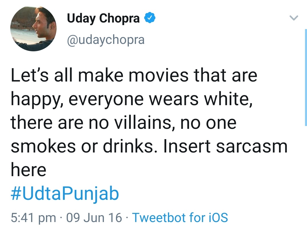 5.  @udaychopra - Famous actor, famous for being from a famous family.The realistic hero knows how films are a mirror of the society.No one is wearing white still they all are heroes. They all smoke, drink and do stuff. No sarcasm! #MaalHaiKya