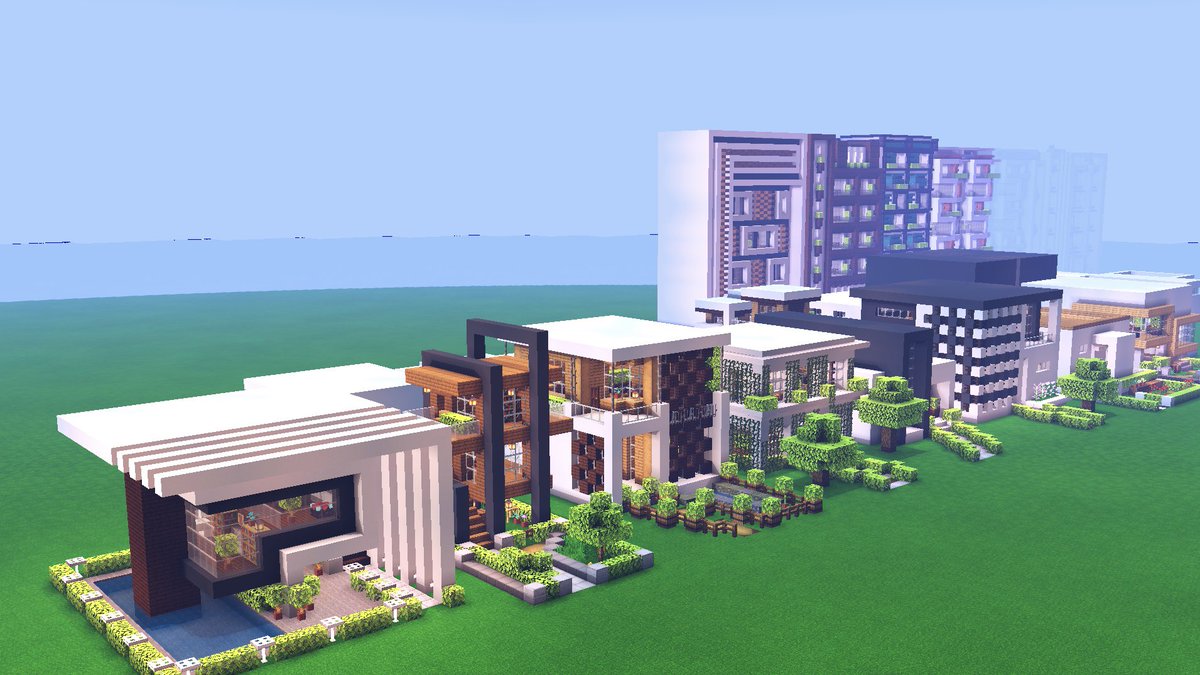 Twitter 上的 こぐまぷろ Kogumapro 住宅展示場を都市開発しようと計画中です 住宅展示場には現在 5棟の中規模建築と 23軒の住宅があります そろそろ道路を敷いて区画整理を始めたいところです マイクラ Minecraft建築コミュ マインクラフト Minecraft