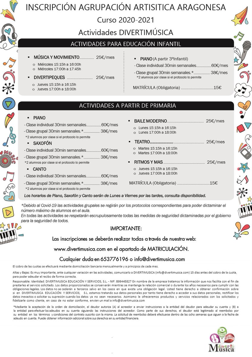 AgrupArtistica's tweet photo. Actividades de Divertimúsica en la Agrupación para el curso 2020-21. Como otros años ofertamos el aprendizaje musical, en este caso por medio de Divertimúsica. Este año con protocolos COVID y con mucha responsabilidad pero sin tener miedo al COVID. https://t.co/QFxGkxx4Np https://t.co/9g88AhDdqV