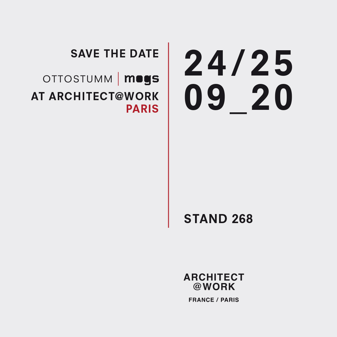 Ottostumm | Mogs will be at Architect@work Paris, the 24th and 25th September. In the same convivial and familiar atmosphere, but above all in a safe environment, you will see our most innovative products combing Swiss technology and Italian design for steel window systems.