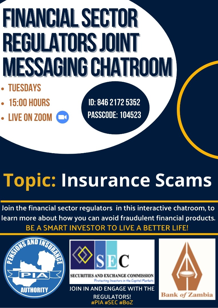 BankofZambia's tweet photo. Join the three Financial Sector Regulators in an interactive session at 15:00hrs today and have your questions on insurance scams answered. #FinancialConsumerProtection #FraudAlert #BoZ https://t.co/ovvcfHCfpy
