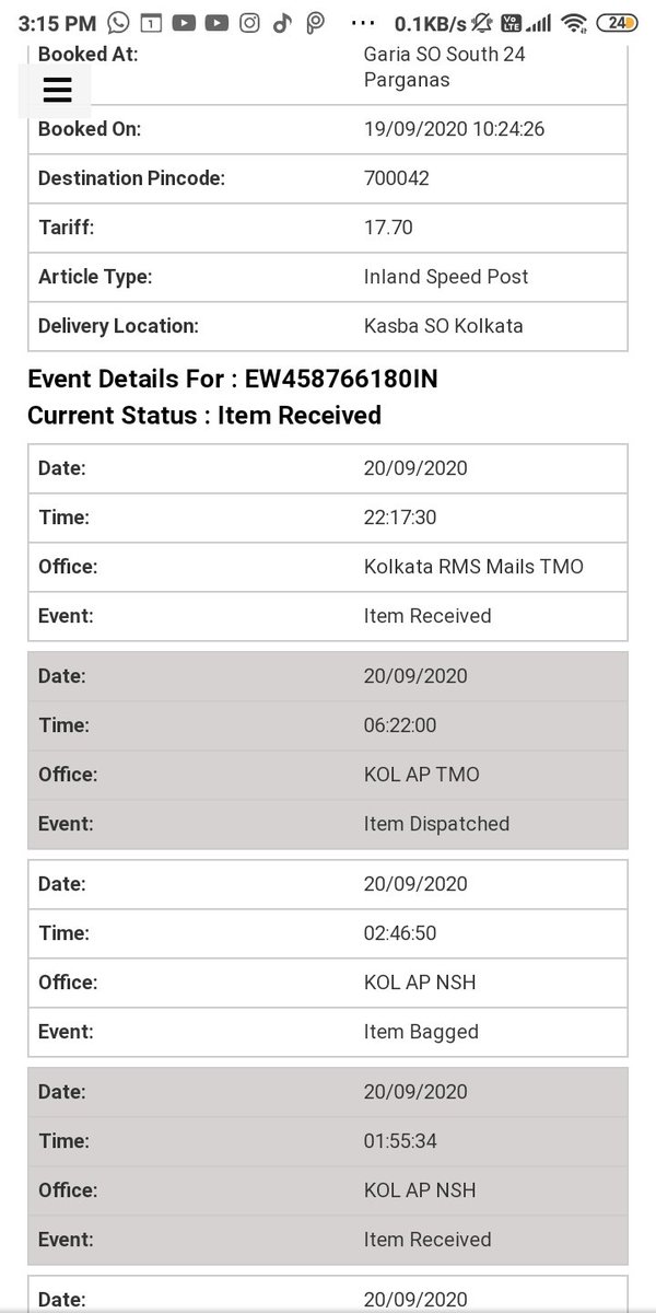 ankitah95's tweet photo. @IndiaPostOffice 
Parcel no -EW458766180IN
Dispatch date -19.9.2020
Cause - Delay in delivery ( Not showing any updates from last 2 days )
Please look into the matter at earliest! https://t.co/0odObNuila