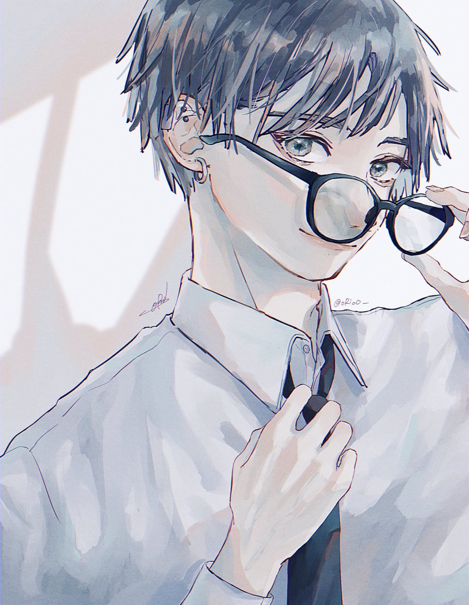 1boy male focus necktie solo glasses earrings jewelry  illustration images