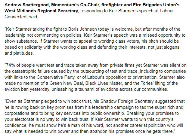 Momentum responds: ““Keir Starmer taking the fight to Boris Johnson today is welcome, but...”
