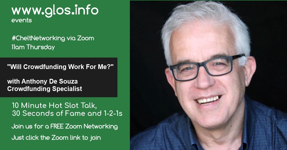 glosinfo's tweet photo. Interested in finding out more about crowdfunding?
"Will Crowdfunding Work For Me?" - Anthony de Souza will answer that question at #CheltNetworking on Zoom at 11am - 12 noon Thursday 24th September 2020. https://t.co/ddXidwhqwn @AnthonydeSouza #glosbiz #crowdfunding #networking https://t.co/CKz2C4Mn4l