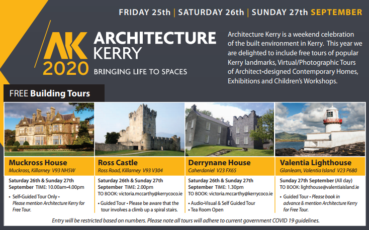 countykerry's tweet photo. Check out the programme of events for next weekend's Architecture Kerry #AK2020 festival which celebrates Kerry's
wonderful architectural landscape and heritage:
https://t.co/CKzfiCtdtL https://t.co/XHAADVbz7f