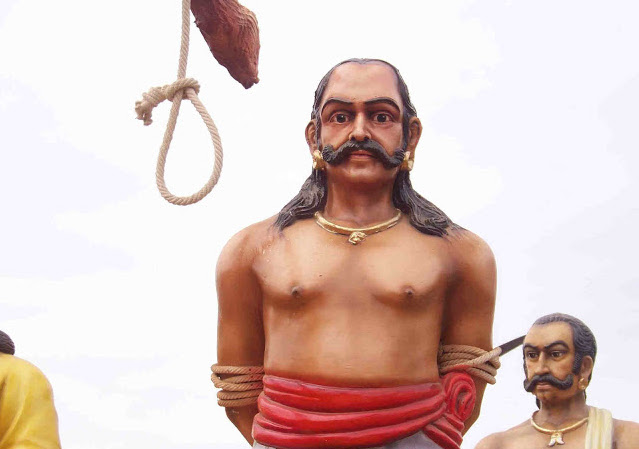 Following an interrogation stretching over 15 days and a ridiculous trial, Veerapandiya was sentenced to public execution. Eventually, Kattabomman was hanged on 16th October 1799, in a tamarind tree at a place called kayathar.