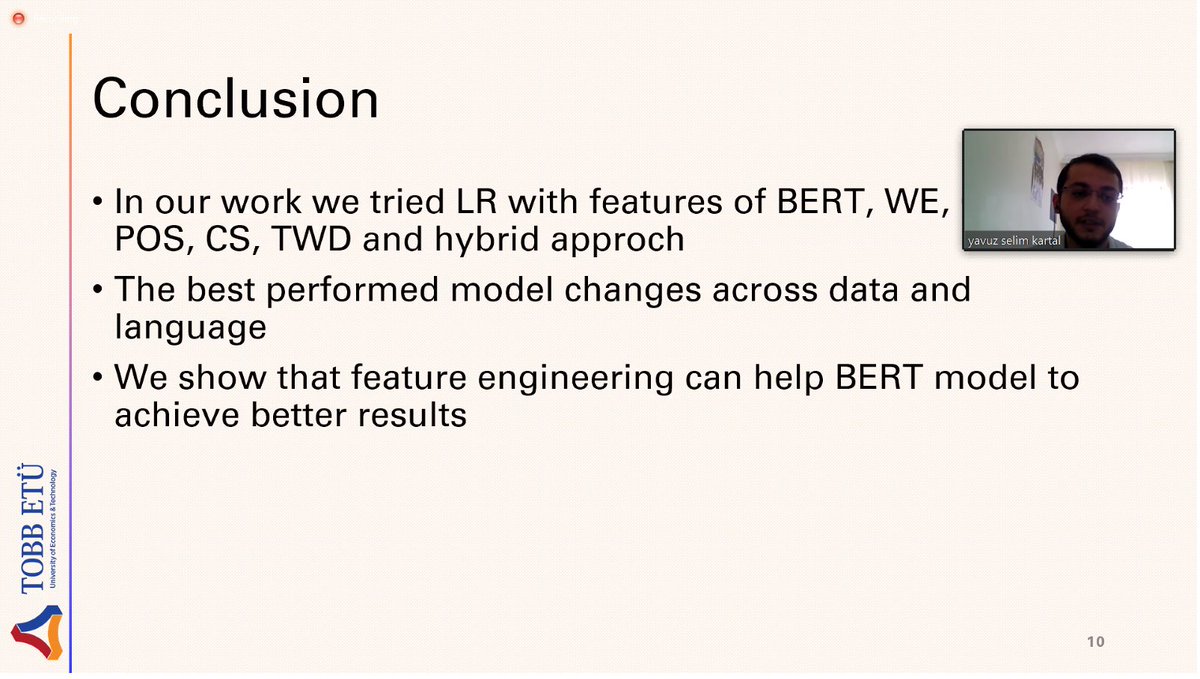bigIR_group's tweet image. Team TOBB ETU just presented their work on claim check-worthiness ranking for Arabic &amp;amp; English task 1 and task 5 of CheckThat! lab @clef_initiative #CLEF2020
