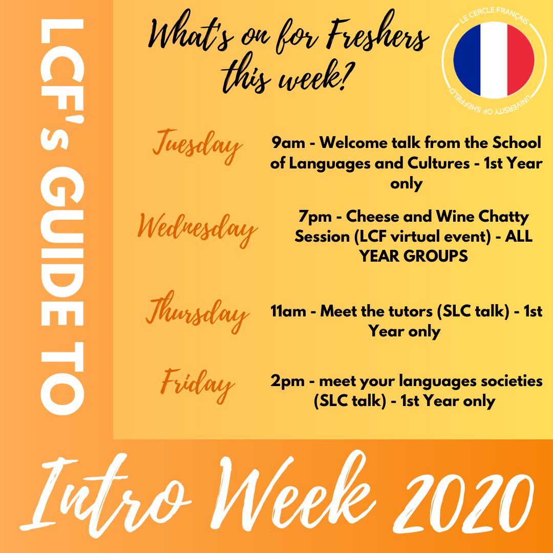 CFSheffield's tweet image. Everything our French Freshers need to know this week! Our event for the week is virtual cheese and wine on Wednesday, we’re looking forward to seeing everyone there!