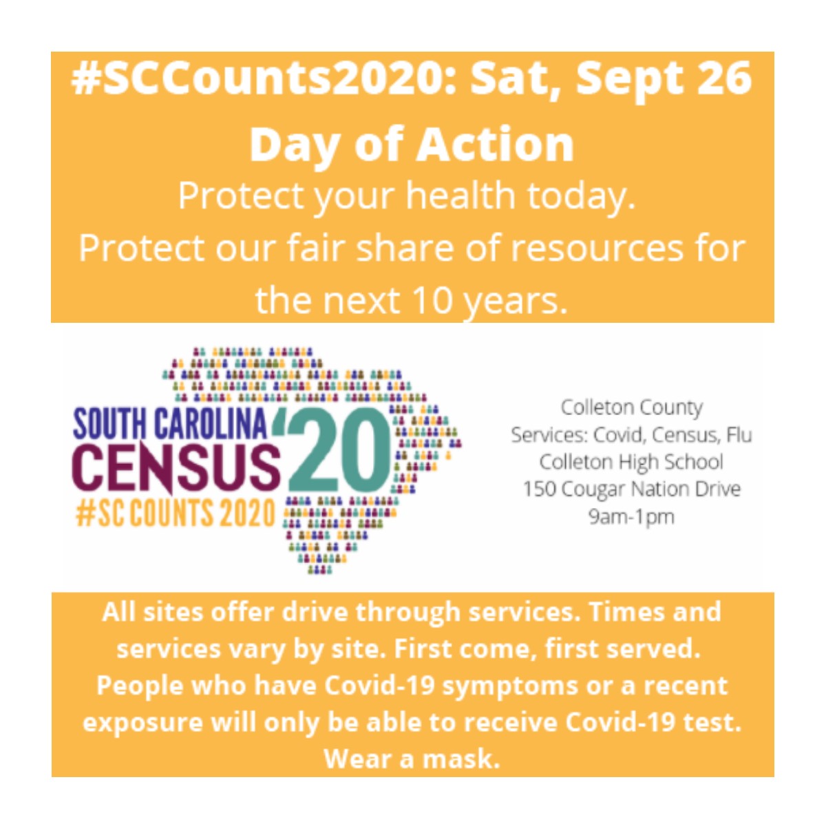 Colleton County will be hosting SC Counts: A Day of Action on Saturday, September 26, 2020 from 9:00 am -1:00 pm at Colleton County High School, 150 Cougar Nation Dr., Walterboro, SC. #census #sccounts2020