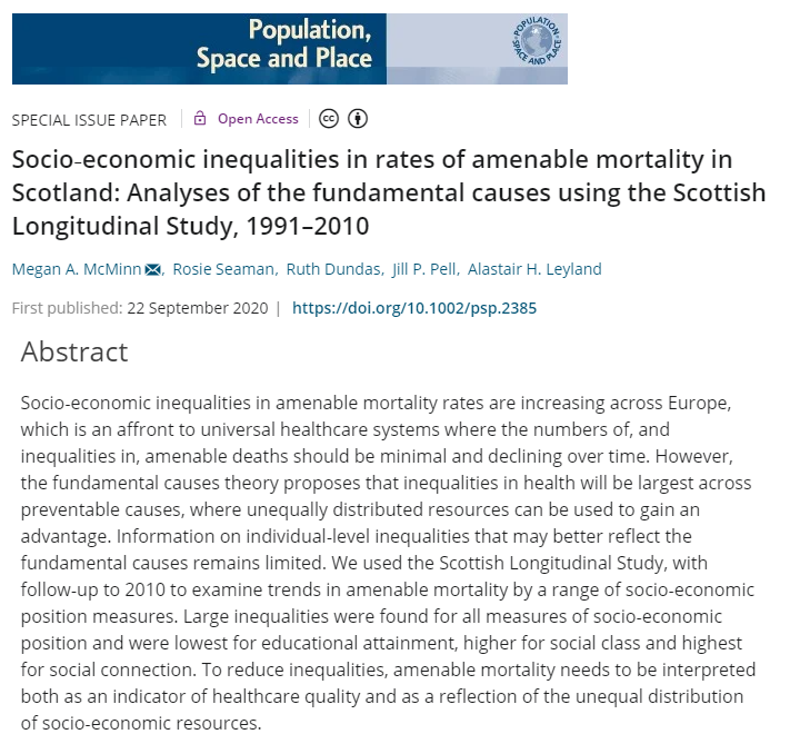 MeganMcMinn's tweet photo. New publication based on work from my PhD on inequalities in amenable mortality in Scotland, using the @SLS_DSU - now with added Fundamental Causes theory thanks to @rosie_seaman @RDundas0 @jill_p_pell and @AlastairLeyland  

https://t.co/ksnIZAB4fY https://t.co/L571PJcnqj