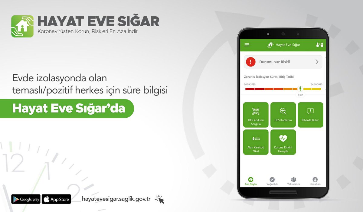 Hayat Eve Sığar (HES) Programına eklenen yeni özellik ile artık evde izolasyonda bulunan temaslı/pozitif vatandaşlarımız izolasyon süre bilgilerine uygulamadan erişebiliyor.

#Hayatevesığar
#yeniözellik
#izolasyon
