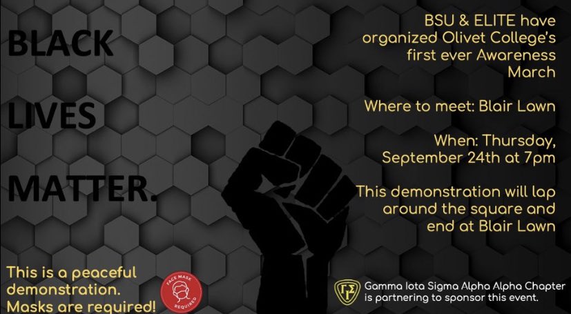 GisOlivet's tweet photo. TWO DAYS!!! Until Olivet College’s BSU and ELITE fraternity hold their first peaceful demonstration! The Alpha Alpha chapter is extremely excited and thankful to be a part of this! 💛🖤Come join us this Thursday the 24th at 7pm on Blair lawn! We would love your support!🤩 #GIS https://t.co/VMpLwOCozn