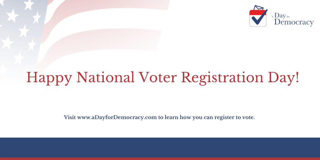 aDayForDemocrcy's tweet image. Today is National Voter Registration Day! Visit our website for helpful #voter resources and to learn how you can register to #vote. If you’re a #CEO, take the pledge with A Day for Democracy to help your employees exercise their right to vote: aDayforDemocracy.com