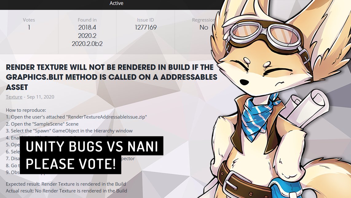 naniengine's tweet photo. We've published a list of acknowledged Unity bugs, that are affecting Naninovel:

👉 https://t.co/HGyuOP4PPk

Please vote on the tracker to make them fixed as soon as possible.

#unity3d #assetstore #gamedev #vndev https://t.co/m8qrpdCoSM