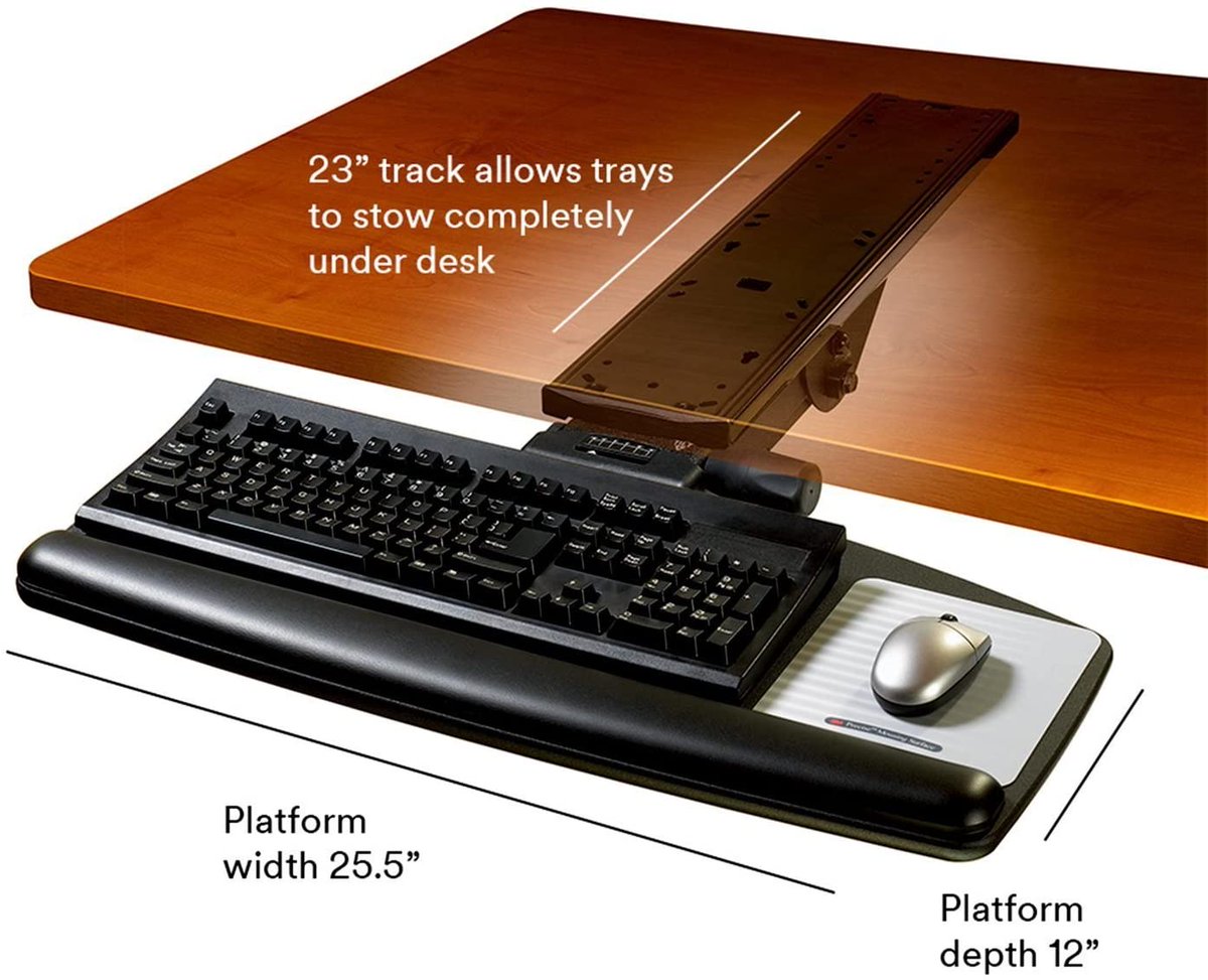 MODIFICATIONSFirst, we're going to attach a 3M keyboard tray. There are other keyboard trays, they are all garbage. The 3M model will glide perfectly into the exact height and angle you need every time. It's pricey, but worth every penny https://www.amazon.com/3M-Keyboard-Platform-Comfort-AKT90LE/dp/B001B0BBTW/ref=sr_1_3?crid=25BCZN5PPL5FO&dchild=1&keywords=3m+keyboard+tray&qid=1600787672&sprefix=3m+keyboard%2Caps%2C151&sr=8-3