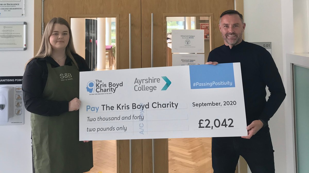 krisboydcharity's tweet photo. HUGE thanks goes out to  @saltandbarrel restaurant at @AyrshireColl for their donation of £2,042!

#thekrisboydcharity #mentalheathawareness https://t.co/oJJmBgdYp7