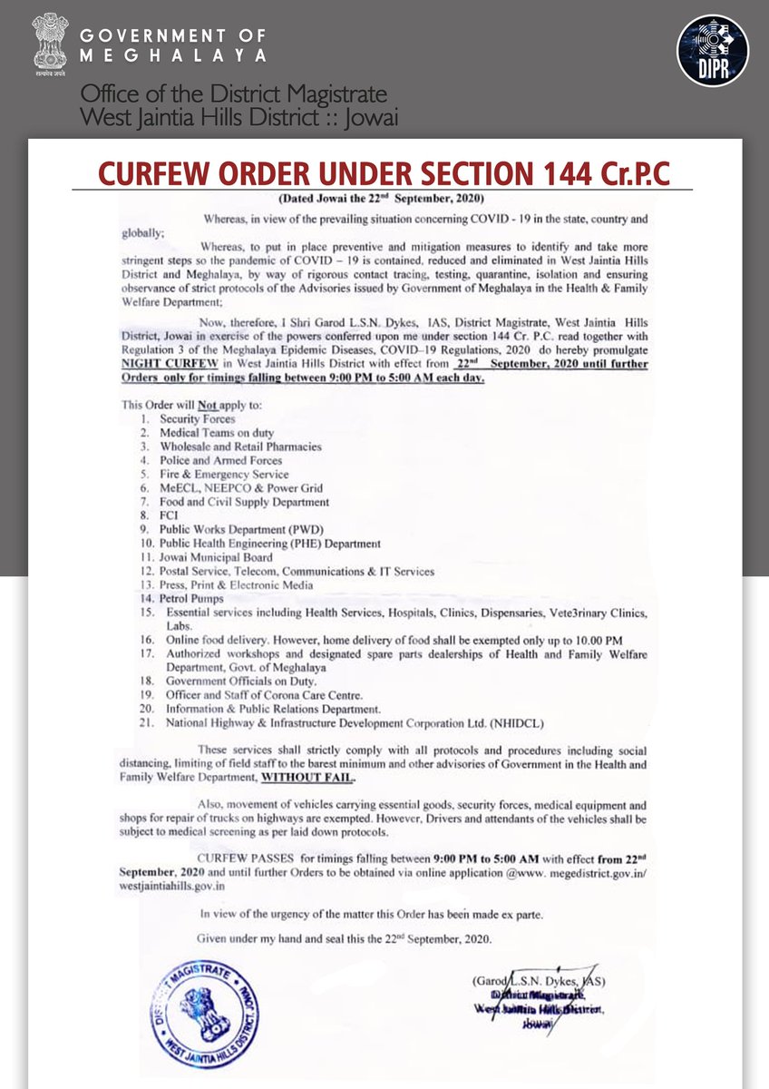 DiprMeghalaya's tweet photo. #CurfewOrder issued by the District Magistrate, Jowai, #WestJaintiaHillsDistrict, Government of Meghalaya
22nd September 2020
@JamesSangma1
@CMO_Meghalaya https://t.co/6RbNsuOSEQ