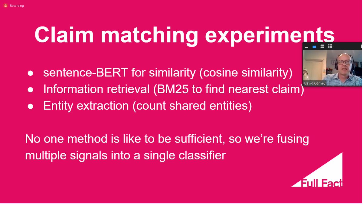 bigIR_group's tweet image. In his talk, @DCorney explains that current methods used for claim matching "works" or at least "better than nothing"... we aim with initiatives like #checkthat2020 to motivate development of *highly effective* automatic approaches.