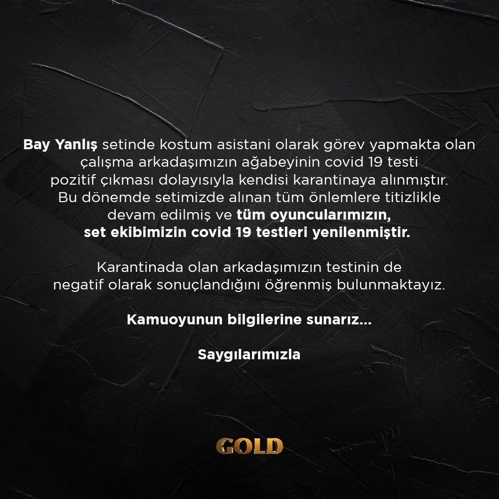 ErkenciLuzz's tweet photo. 💥COMUNICADO OFICIAL DE @GoldYapim PRODUCTORA DE #BayYanlış ,SOBRE EL CASO POSIVIVO POR COVID DEL HERMANO DE UN MIEMBRO DEL EQUIPO DE VESTUARIO. 

*Después  de las pruebas realizadas a actores y equipo,todos están bien. https://t.co/PPxDMZYZdn