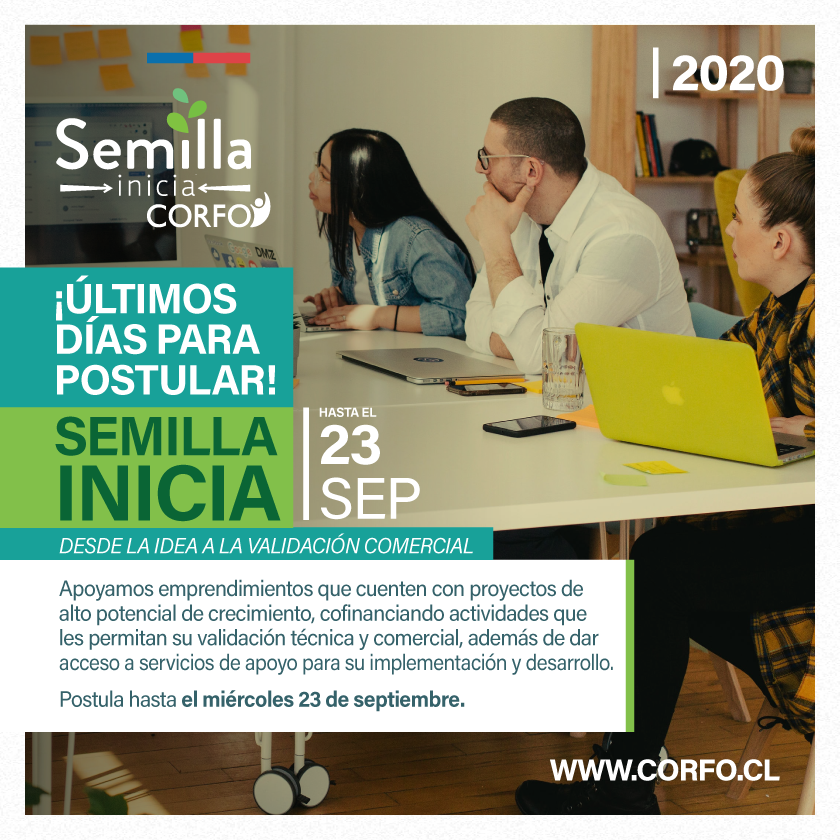 CorfoAtacama's tweet photo. Atención #Atacama Quedan los últimos días para postular a #SemillaInicia de @Corfo y recibir apoyo para la etapa de validación técnica y comercial. Puedes optar a un subsidio NO reembolsable de hasta $15 millones #CorfoContigo
Postula en https://t.co/raRIILrAqr @AtacamaEconomia https://t.co/Hxt40Bb7ks