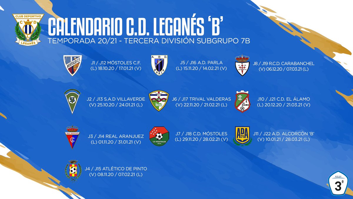 📆 OFICIAL | El C.D. Leganés 'B' comenzará la Liga el 18 de octubre en casa ante el <a href="/Mostoles_cf/">Móstoles C.F.</a>. 

👉 El Juvenil ‘A’ arrancará el 1 de noviembre en el Grupo V de División de Honor 

➡️ bit.ly/3cmQL83