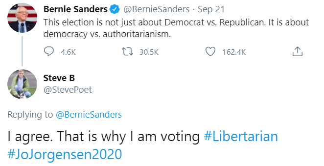 LPNational's tweet photo. “The real division is not between conservatives and revolutionaries but between authoritarians and libertarians.” - George Orwell

You're exactly right, @BernieSanders. And we couldn't agree more, @StevePoet.

#votegold #Jorgensen2020 #EndTheDuopoly https://t.co/uFaBj8SMJp