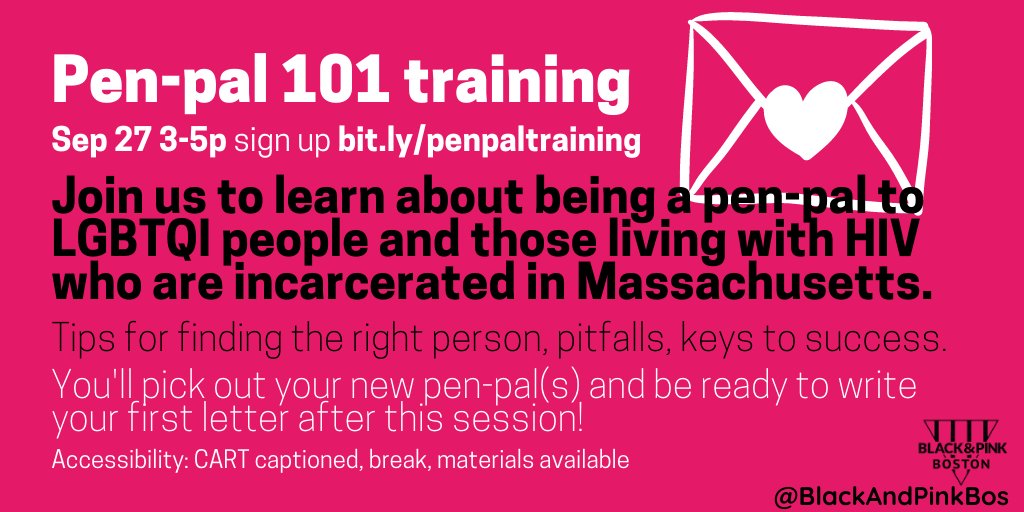 Coming up this Sunday! New to being a pen-pal to an LGBTQI/PLWHIV member? Come get tips, advice, access to our available Massachusetts member list, and sign up to start writing an incarcerated pen-pal! bit.ly/penpaltraining CART captioned.