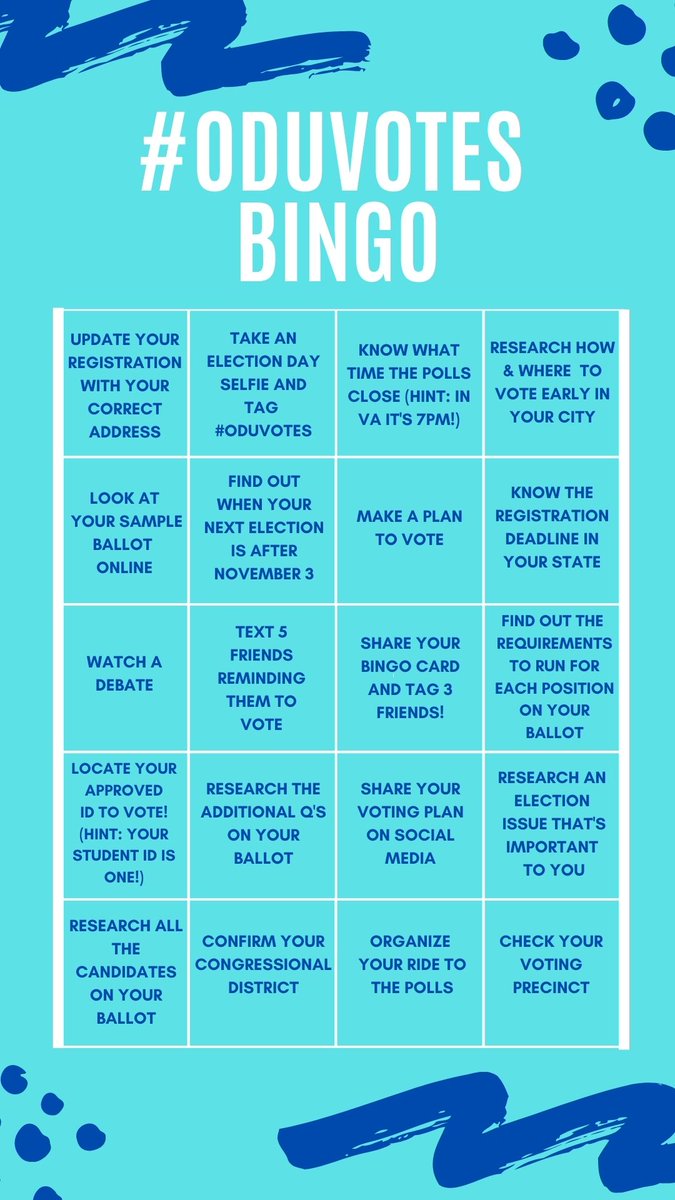 oduvotes's tweet image. Check out our #oduvotes bingo and voting plan templates to share how you're planning to vote and challenge your friends! #odu @odu