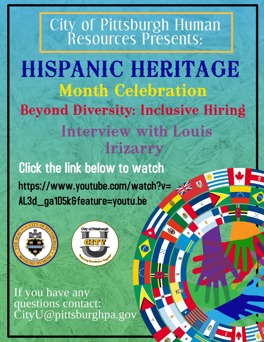 The City of Pittsburgh is celebrating Hispanic Heritage Month Beyond Diversity: Inclusive Hiring Interview with  
Louis Irizarry. With a decade of experience in accounting and human resources he assists organizations with human capital needs in Pittsburgh.
youtube.com/watch?v=AL3d_g…