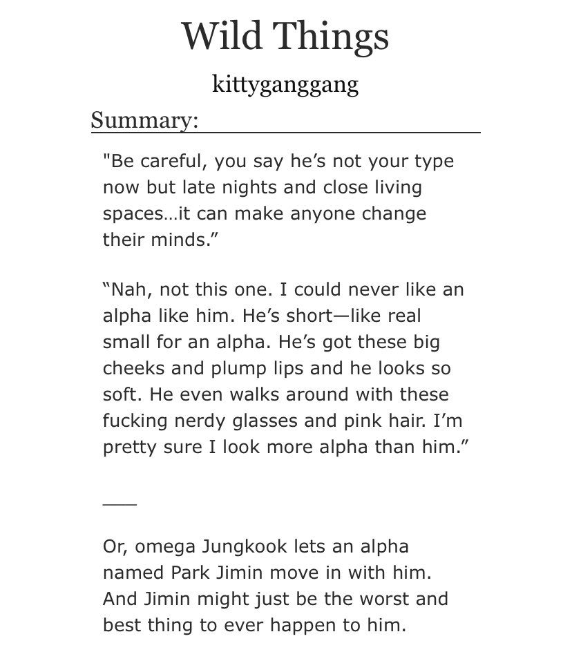 jikook - abo, smut, light angsti’m on a jikook bender i can’t help it- roommates - omega jk- alpha jm- i liked the small angsty parts more- the plot is pretty okay but i prefer the parts w character backstory- overall 6/10- 141k words, 8chapters https://archiveofourown.org/works/22592617/chapters/53991475