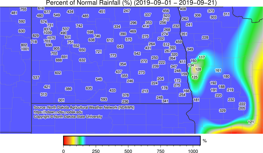DarylRitchison's tweet photo. First 21 days of September 2020 v. 2019.  The difference a year makes.  #ndawn #continentalclimate https://t.co/O7DLOrNfb9
