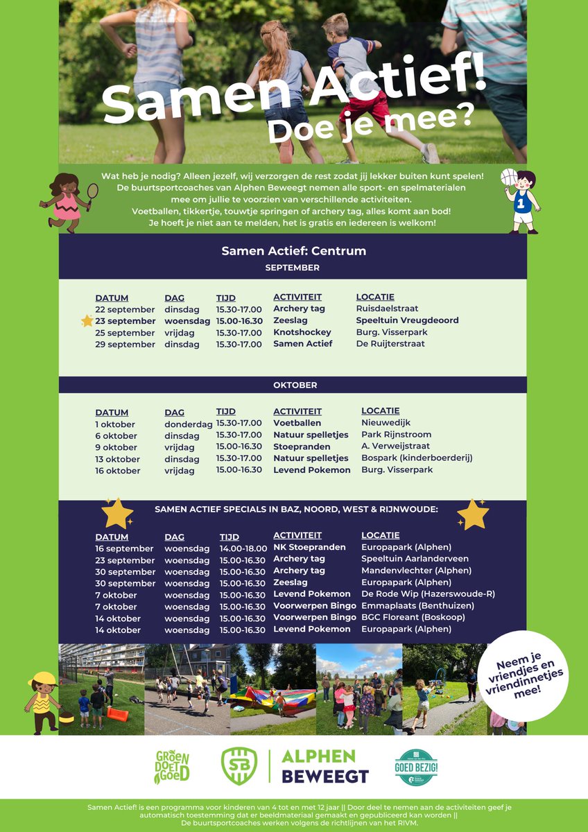 Doe je mee stoepranden, levend Pokemon, Zeeslag of lekker voetballen? Kom van 22-9 t/m 16-9 langs op allerlei plekken in het Centrum buiten spelen. Vanmiddag is ⁦<a href="/AlphenBeweegt/">Alphen Beweegt</a>⁩ bv in de Ruisdaelstraat te vinden