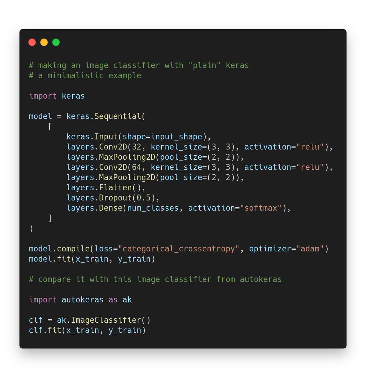  Auto-Keras is an AutoML framework specifically designed for deep learning with Keras. < https://autokeras.com/ >Instead of manually designing a neural network, you can use Auto-Keras predefined "meta-models" and it will take care of finding the best architecture: