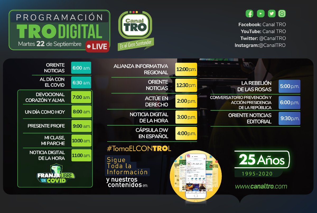 CanalTRO's tweet image. #ProgramaciónDigital Los invitamos a conectarse con nuestras plataformas digitales y la programación que hemos preparado para hoy lunes 22 de septiembre #TRODigital #SigueLoNuesTRO