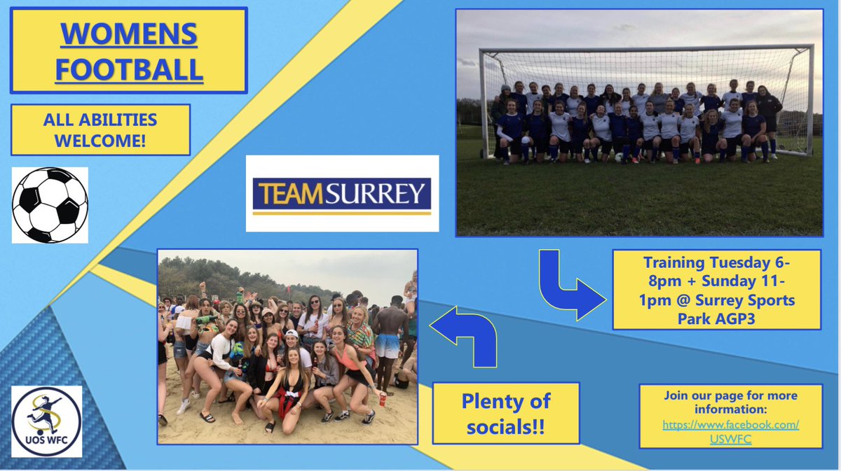 Don’t miss us at the freshers fayre this Friday the 25th at Surrey Sports Park!! We will be there 9am-5pm to answer any questions you have and to help you sign up to our active freshers events🤩⚽️ See you all soon💙💛