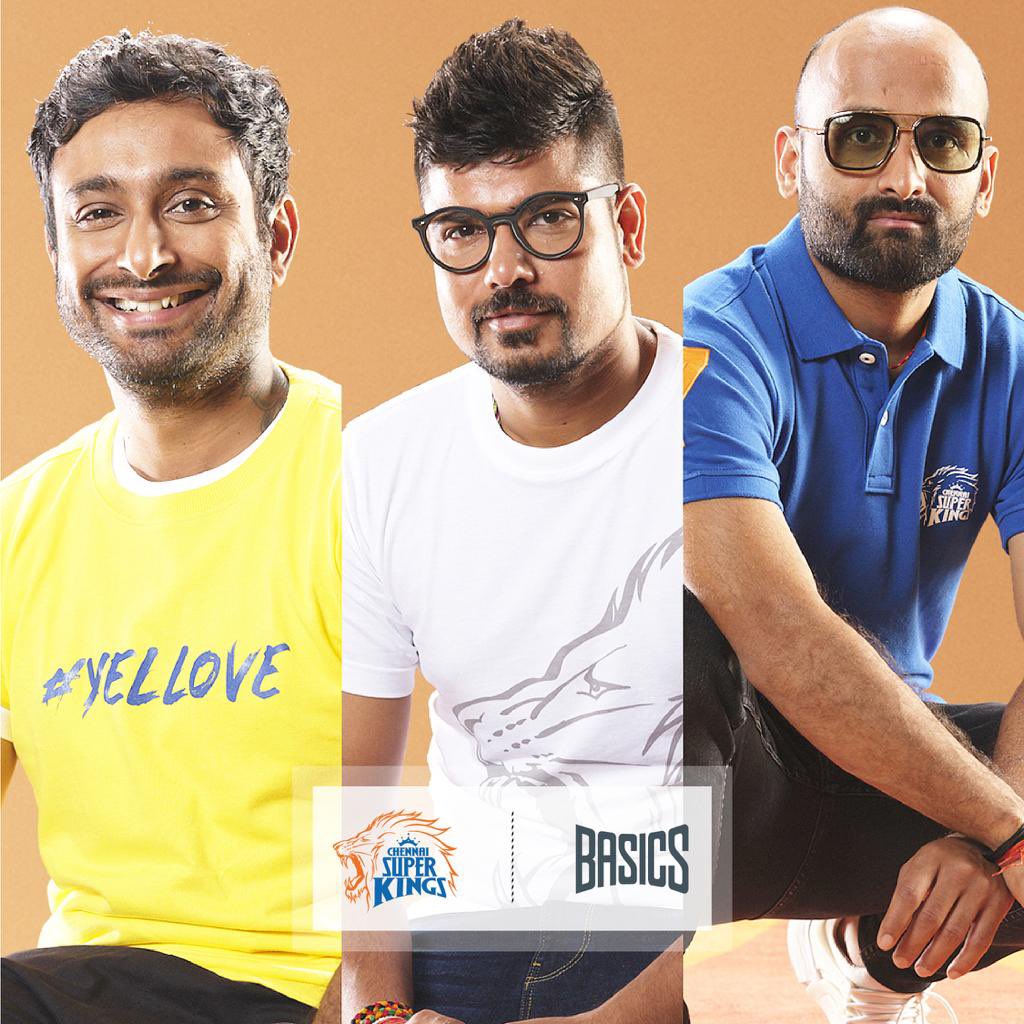 BasicsLife's tweet photo. Show some #yellove for CSK tonight. Grab a tee from our official CSK merchandise and get ready to roar in it. Shop via the link https://t.co/1ky73IpIDe or at any of the Basics stores in Chennai, Tamil Nadu. https://t.co/Yrt9BdwTyX