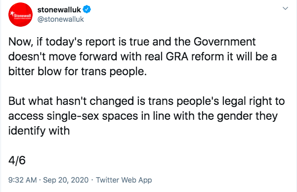 It is widely misstated that people who identify as transgender have a legal right to access single sex spaces "in line with the gender they identify with" (i.e. for the opposite sex) This is not true.